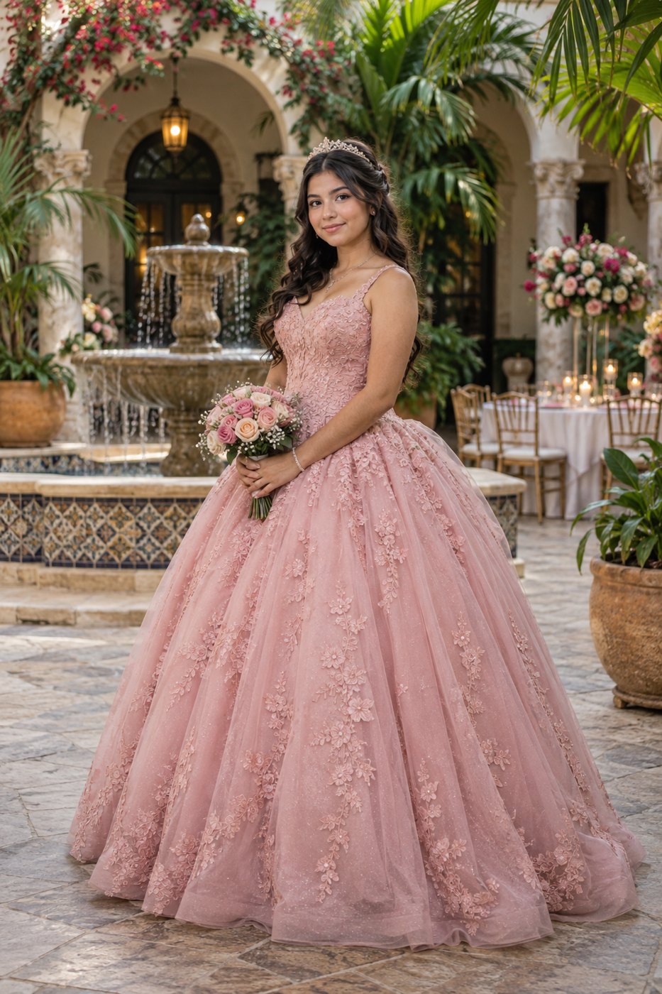 Artistic quinceañera portrait in a pink gown