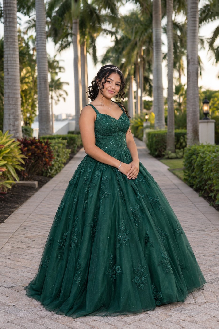 Session idea: A statement in color. Green · Palm-lined walkway.