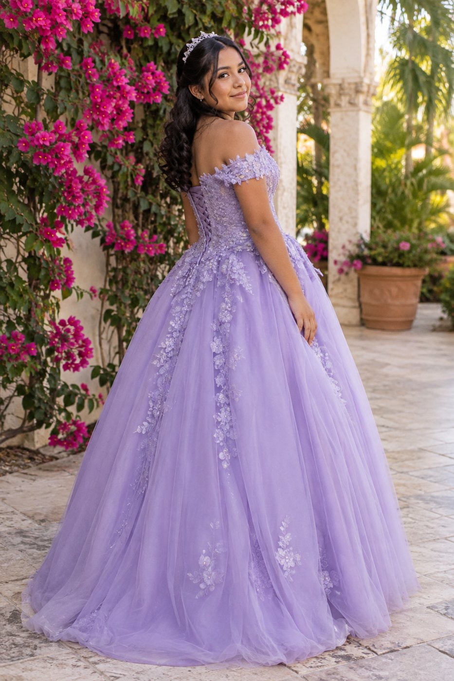 Portrait session idea with a lavender gown and bougainvillea