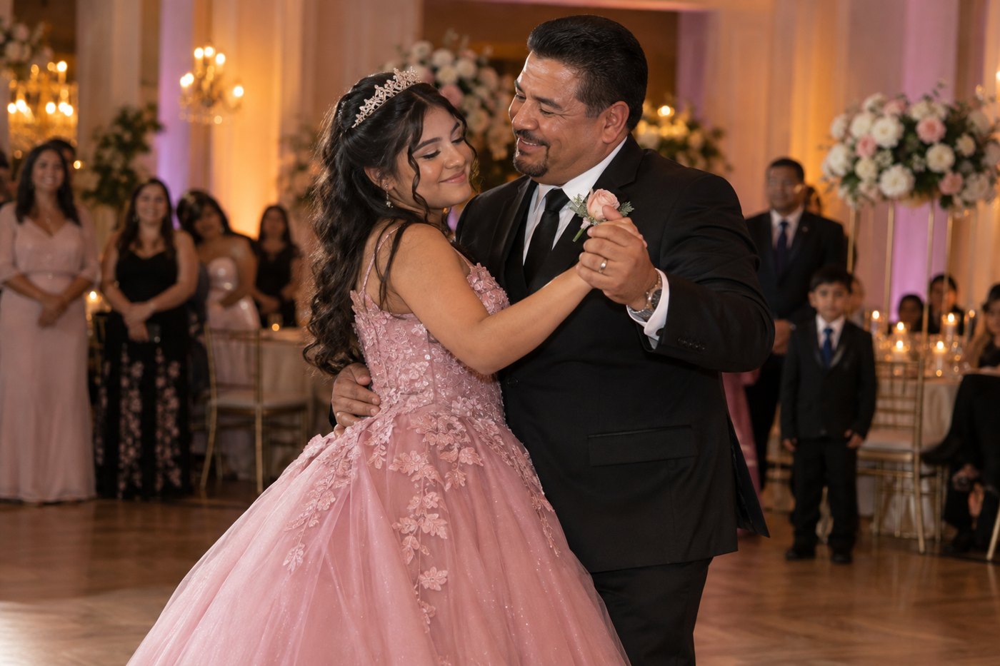 A scene of a quinceañera dancing with her father at a family celebration